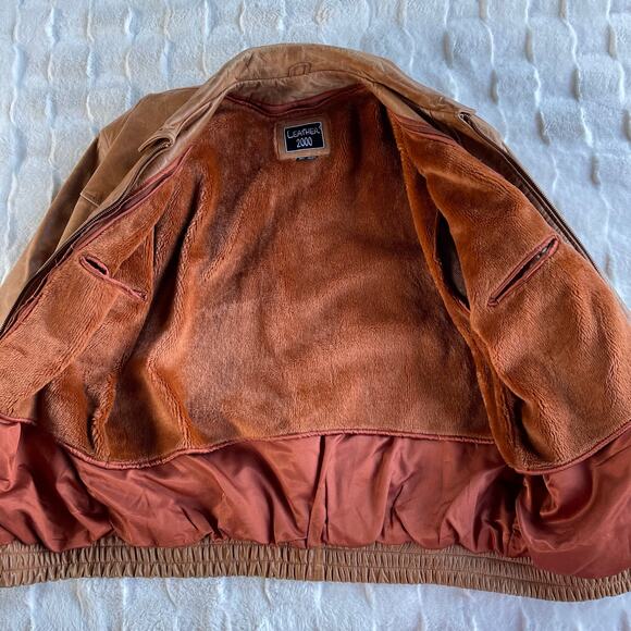 🔥Vintage Y2K Leather 2000 Brown Bomber Jacket Faux Fur Lined Grunge Biker Patina - Picture 6 of 16
